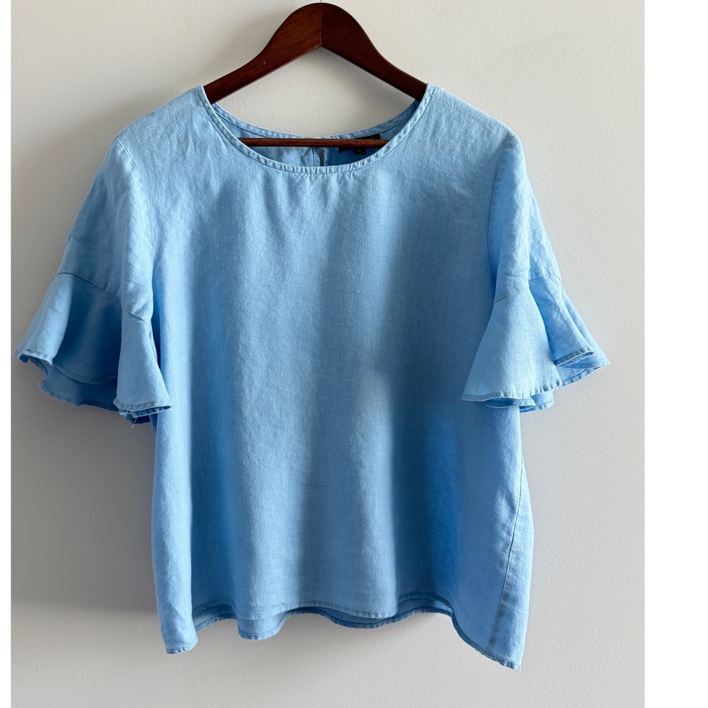 For Cynthia Women Blue 100% Linen Flutter Sleeve Keyhole Back Blouse Top XL